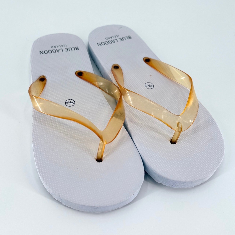 BLUE LAGOON ICELAND White Flip Flops Amber Jelly Strap Thong Sandals Size 39 40